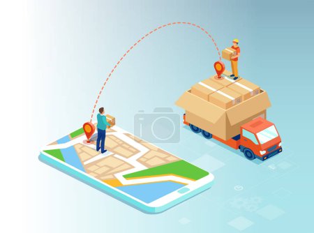 Illustration for Online shopping and delivery concept. Vector of a man shopping online using mobile app and a product being delivered - Royalty Free Image