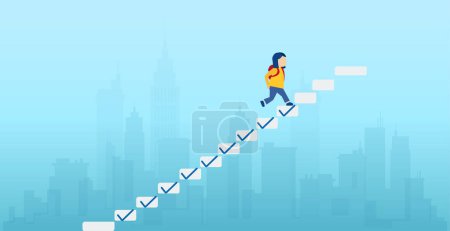 Illustration for Progression from start to success in education. Vector of a girl student climbing up the ladder, steps with check marks to achieve the goal. - Royalty Free Image