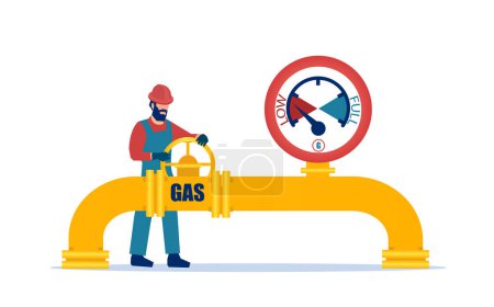 Illustration for Vector of a worker turns off a valve on a gas pipeline. Energy crisis and gas supply concept - Royalty Free Image
