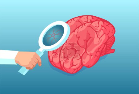 Ilustración de Vector of a doctor researcher hand with magnifying glass analyzing human brain and neuronal network - Imagen libre de derechos