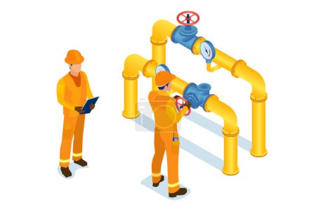Téléchargez les illustrations : Isometric vector of a gas industry maintenance men opening or closing pipeline valve. Gas industry, gas transport system concept - en licence libre de droit