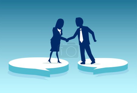 Illustration for Vector of a businessman and a businesswoman standing on speech bubbles and handshake - Royalty Free Image