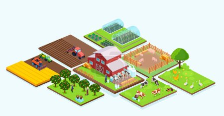 Illustration for Isometric vector of an agricultural farm buildings, barn, orchard, grain harvest, animals and farmers - Royalty Free Image