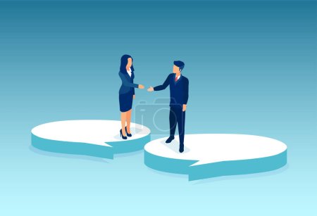 Téléchargez les illustrations : Vector of a business man and a woman standing on a speech bubbles extending hands for a handshake - en licence libre de droit