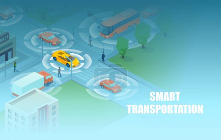 Ilustración de Isometric vector of a smart transportation, people and vehicles moving in the city streets using sensors and iot. Smart modern city and transport concept - Imagen libre de derechos