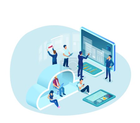 Illustration for Vector of a group of people men and women using computers, cloud service, analyzing web data - Royalty Free Image