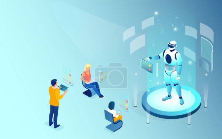 Ilustración de Concepto de inteligencia artificial. Vector de personas charlando con un ordenador - Imagen libre de derechos