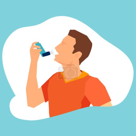 Ilustración de Vector de un hombre joven con asma usando un inhalador para aliviar el ataque. - Imagen libre de derechos