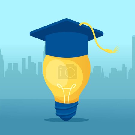 Illustration for Vector of a bright light bulb with a graduation cap on top on cityscape background - Royalty Free Image
