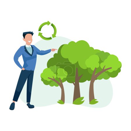 Téléchargez les illustrations : Vecteur d'un homme d'affaires soucieux de l'environnement debout à côté des arbres verts - en licence libre de droit