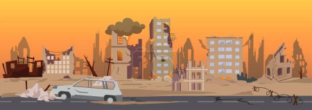Illustration for Destruction in war zone concept. Vector of a city in ruins with destroyed, abandoned buildings, burned cars on streets - Royalty Free Image