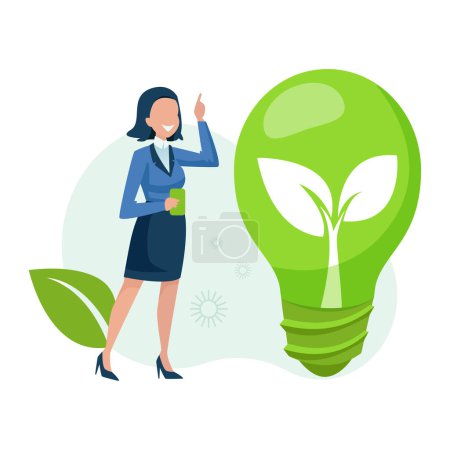 Illustration for Vector of a business woman standing next to a green light bulb - Royalty Free Image