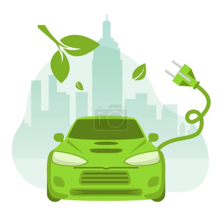 Ilustración de Vector de un coche eléctrico con enchufe sobre fondo urbano - Imagen libre de derechos