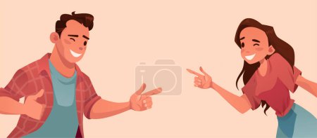 Illustration for Vector of a funny looking young woman and a man joking with each other, laughing - Royalty Free Image