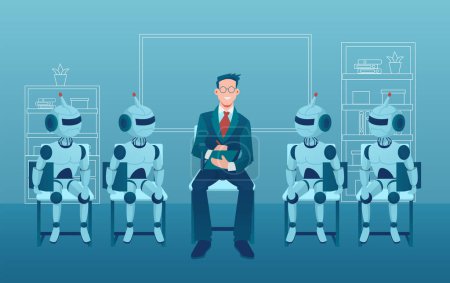 Ilustración de Concepto humano vs robot. Vector de un hombre de negocios solicitante de empleo que compite con robots de inteligencia artificial - Imagen libre de derechos