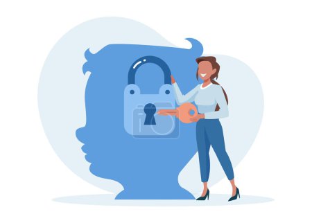 Illustration for Child mental health concept. Vector of a psychologist woman solving mental problems of a boy with a key to his mind - Royalty Free Image
