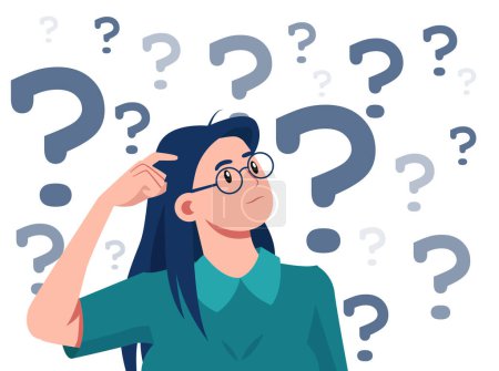 Vector of a confused thinking young woman bewildered scratching head seeks a solution looking up at many question marks 