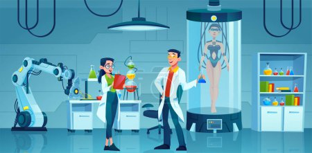 Illustration for Vector of a science laboratory and assistant and an excited man researcher with lab flask, robotic hand, capsule for experiments - Royalty Free Image