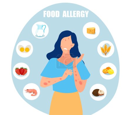 Ilustración de Vector de una mujer joven que tiene síntomas de alergia alimentaria, erupción cutánea - Imagen libre de derechos