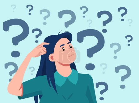Illustration for Vector of a confused thinking young woman bewildered scratching head seeks a solution looking up at many question marks - Royalty Free Image