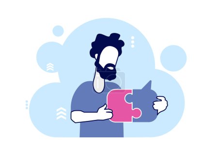 Illustration for Vector of a young man solving a problem, puzzle pieces together - Royalty Free Image