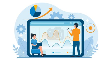 Vector of a man and woman reading digital data report analyzing financial graphics 