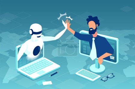Téléchargez les illustrations : Vecteur d'intelligence artificielle, collaboration robot avec un homme d'affaires - en licence libre de droit