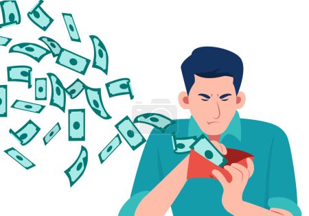 Téléchargez les illustrations : Vecteur d'un homme triste regardant son portefeuille avec des billets en dollars s'envolant - en licence libre de droit