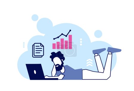 Illustration for Vector of a young man working on laptop computer reviewing financial data reports - Royalty Free Image