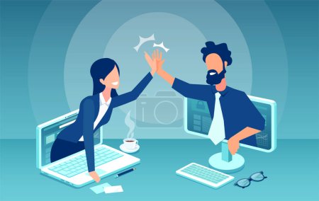 Illustration for Vector of a businesswoman and a businessman having a partnership agreement on a online collaboration - Royalty Free Image