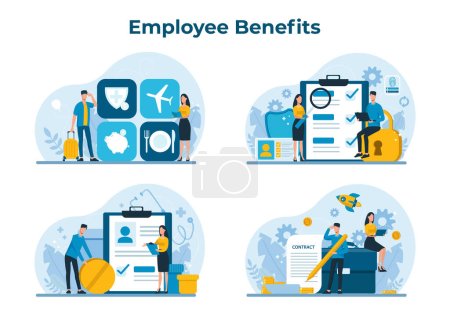Employee benefits package concept. Worker advantages: overtime, medical insurance, vacation, paid family leave and retirement benefits, vector set