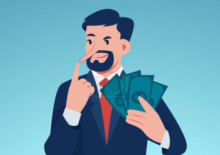 Illustration for Financial fraud concept. Vector of a liar businessman with dollar cash - Royalty Free Image