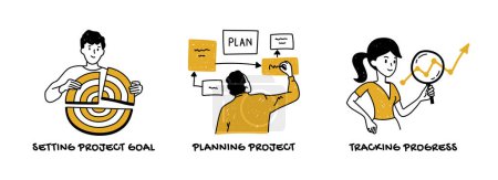 Ilustración de Establecimiento de objetivos de proyectos empresariales, planificación de la ejecución y seguimiento del concepto de progreso - Imagen libre de derechos