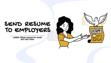 Ilustración de Vector de una joven que envía su currículum a los empleadores - Imagen libre de derechos
