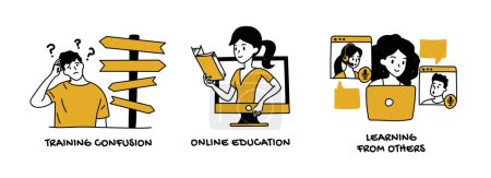 Ilustración de Juego de vectores de educación en línea. Vector de jóvenes que aprenden en línea - Imagen libre de derechos