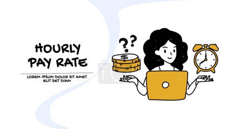 Illustration for Hourly pay rate concept. Vector of a young woman balancing financial reward time spend to do a job - Royalty Free Image
