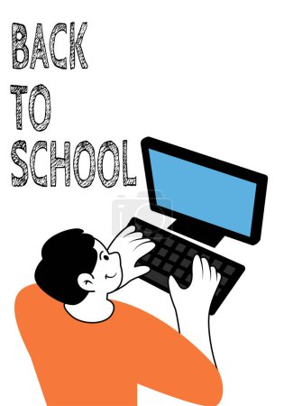 Illustration for Back to school poster vector illustration. Vector of a young man studying online on his desktop computer - Royalty Free Image
