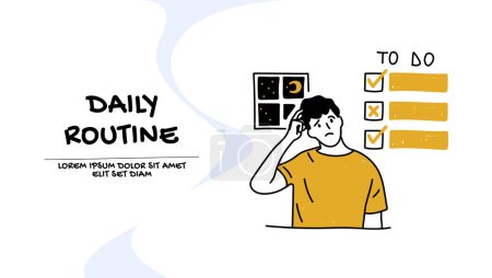Illustration for Vector of a thoughtful young man reviews his daily routine, things to do list - Royalty Free Image