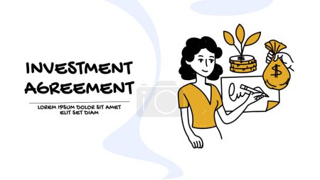 Ilustración de Concepto de inversión empresarial y acuerdos. Vector de una empresaria que firma un acuerdo de inversión - Imagen libre de derechos