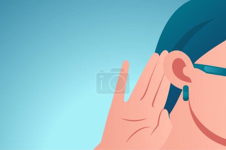 Illustration for Vector of a woman holds her hand near ear and listens carefully isolated on blue background - Royalty Free Image