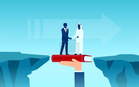 Illustration for Vector of a western world executive shaking hands with an Arab Businessman, standing on a book that bridged the gap - Royalty Free Image