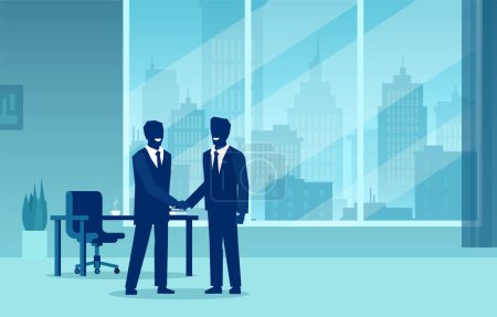 Illustration for Vector of two businessmen shaking hands in a corporate office - Royalty Free Image