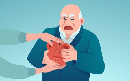 Illustration for Vector of an elderly scared business man holding piggy bank trying to protect his savings from being stolen - Royalty Free Image