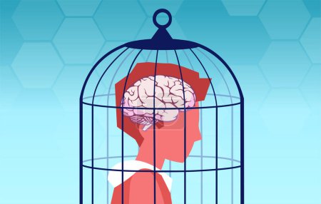 Ilustración de Vector de un joven cabeza en una jaula. Bloqueador de la creatividad, miedo al desafío, concepto de salud mental - Imagen libre de derechos