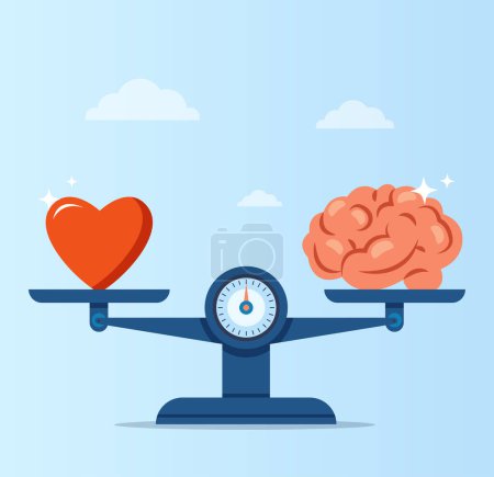 Illustration for Vector of a heart and a human brain on scales. Concept of emotional intelligence, balance of feelings and  intelligence, logic - Royalty Free Image