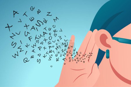 Illustration for Vector of a woman holds her hand near ear and listens carefully alphabet letters flying in - Royalty Free Image
