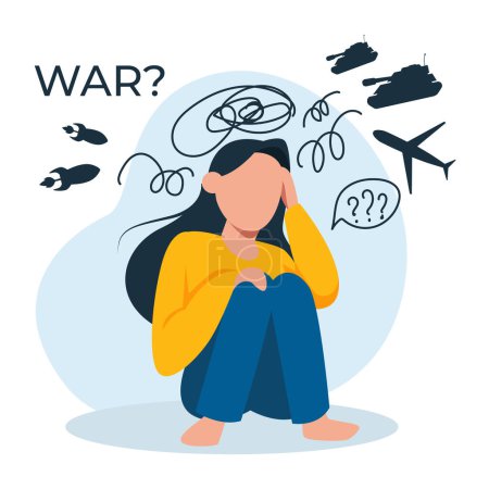 Illustration for Vector of a stressed anxious young woman from a war zone - Royalty Free Image