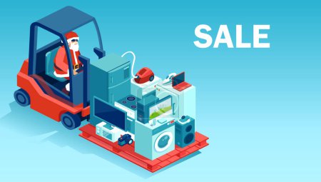Illustration for Holiday season sales concept. Vector of a cool Santa making a delivery of electronics merchandise - Royalty Free Image
