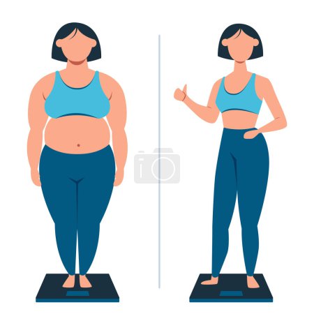 Illustration for Weight loss and exercise concept. Vector of a young woman successfully loosing weight - Royalty Free Image