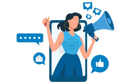 Illustration for Vector of an influencer young woman shouting in loud speaker with social media icons. - Royalty Free Image